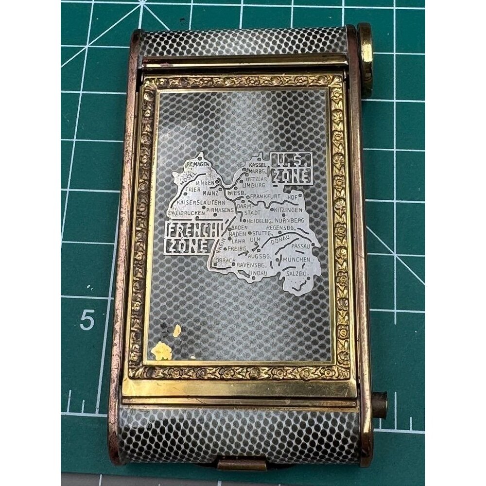 WW II German Compact Sterling Silver Overlay Map Divided US and French Zones REA